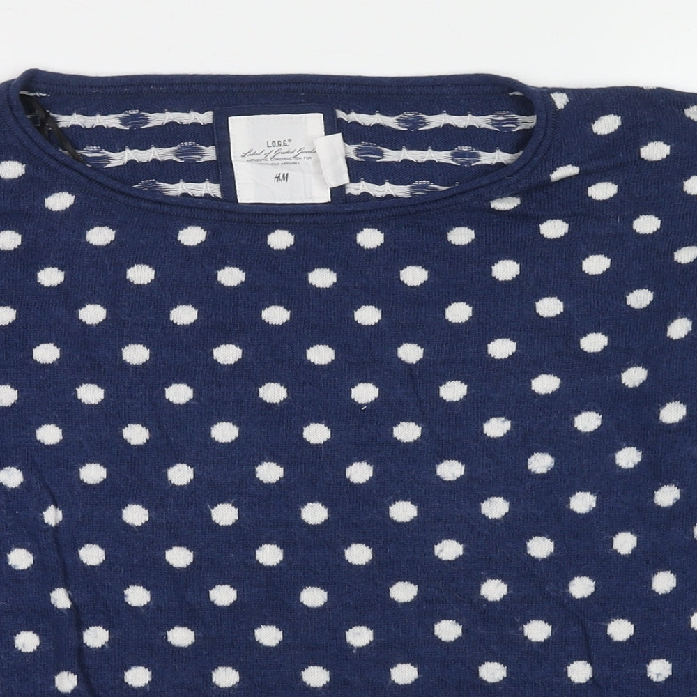 H&M Womens Blue Round Neck Polka Dot Cotton Pullover Jumper Size L