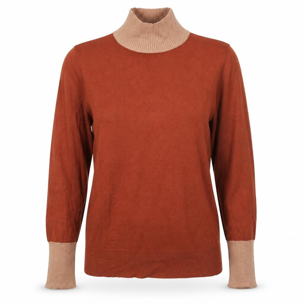 Front view of Warehouse women’s brown round neck viscose jumper, size UK 12