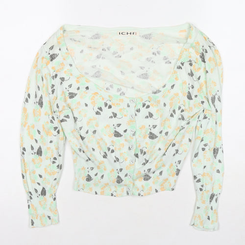 ICHI Womens Green Boat Neck Floral Cotton Cardigan Jumper Size 8