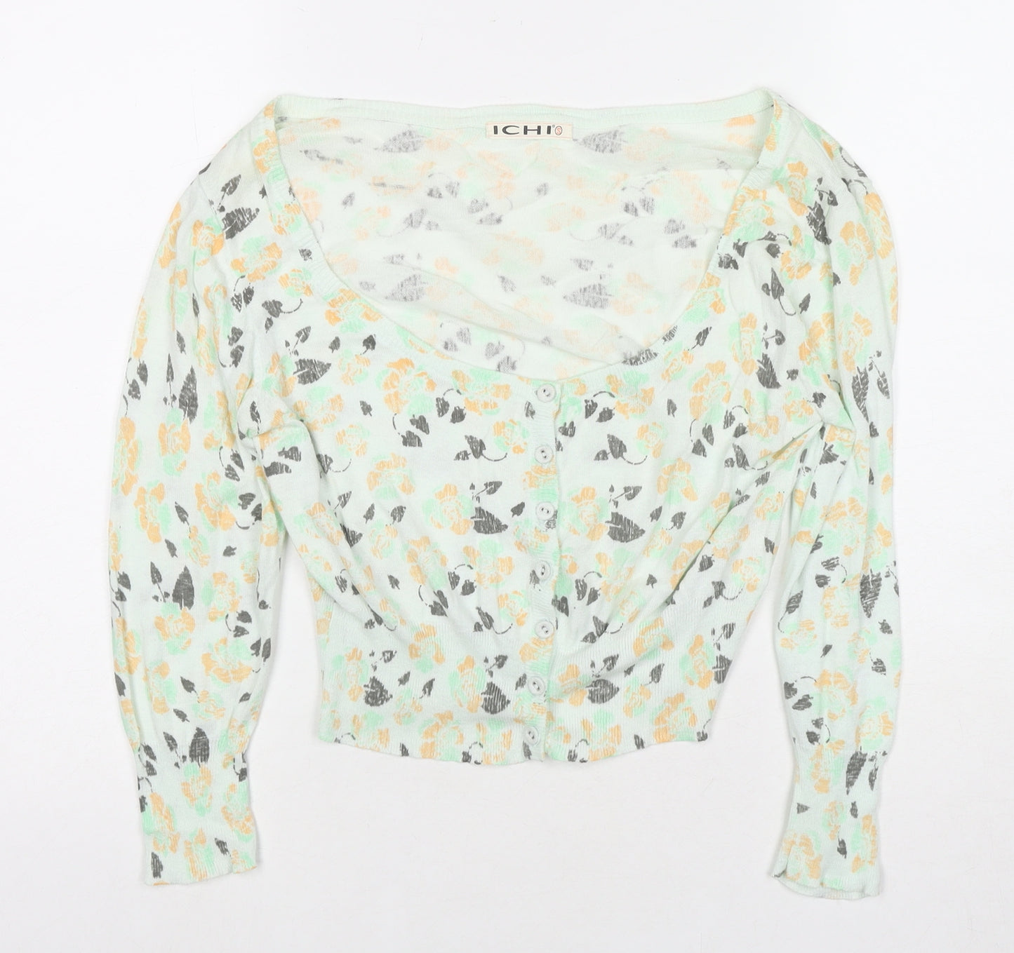 ICHI Womens Green Boat Neck Floral Cotton Cardigan Jumper Size 8