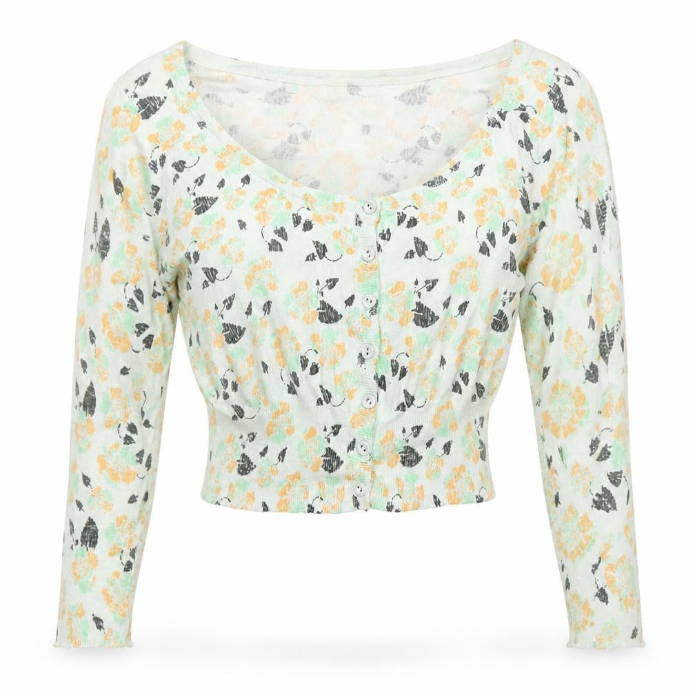 ICHI Womens Green Boat Neck Floral Cotton Cardigan Jumper Size 8