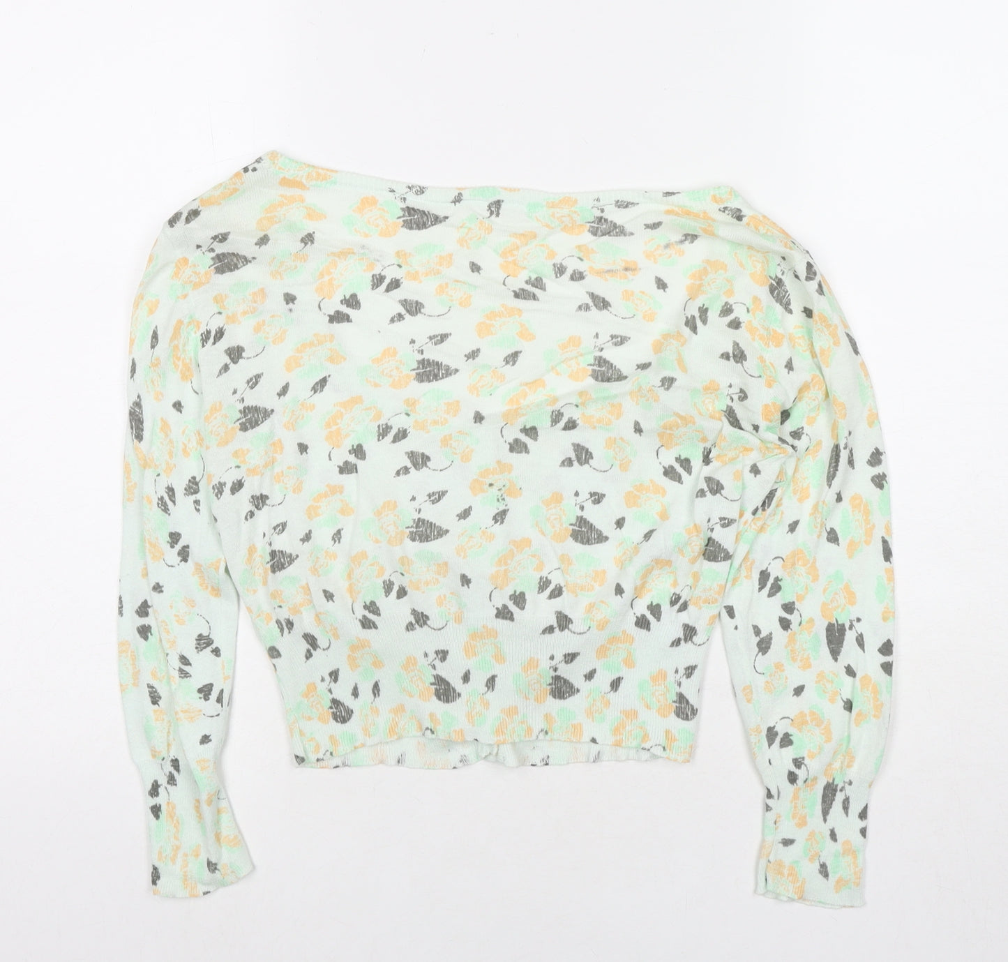 ICHI Womens Green Boat Neck Floral Cotton Cardigan Jumper Size 8