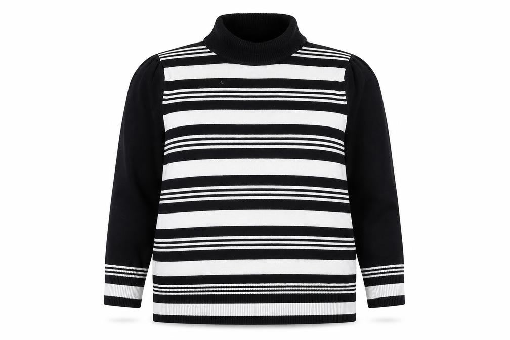 Front view of M&Co women’s black round neck striped viscose jumper, size UK 18