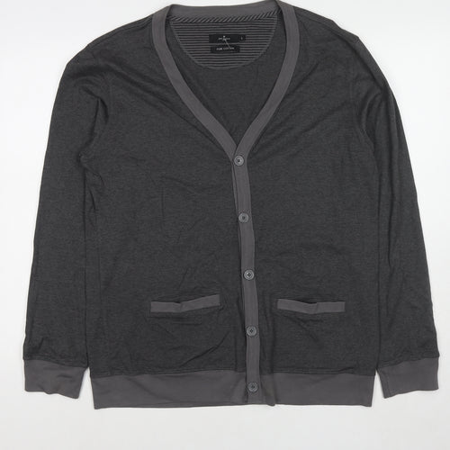 Jeff Banks Mens Grey V-Neck Cotton Cardigan Jumper Size L Long Sleeve