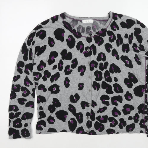 Oui Womens Grey Round Neck Animal Print Cotton Cardigan Jumper Size 16