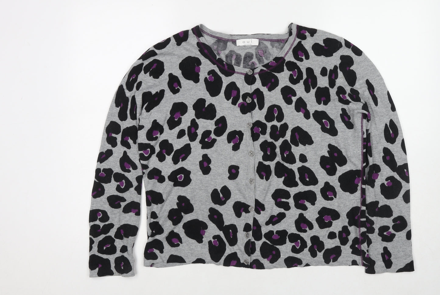 Oui Womens Grey Round Neck Animal Print Cotton Cardigan Jumper Size 16