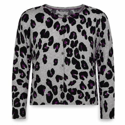 Oui Womens Grey Round Neck Animal Print Cotton Cardigan Jumper Size 16