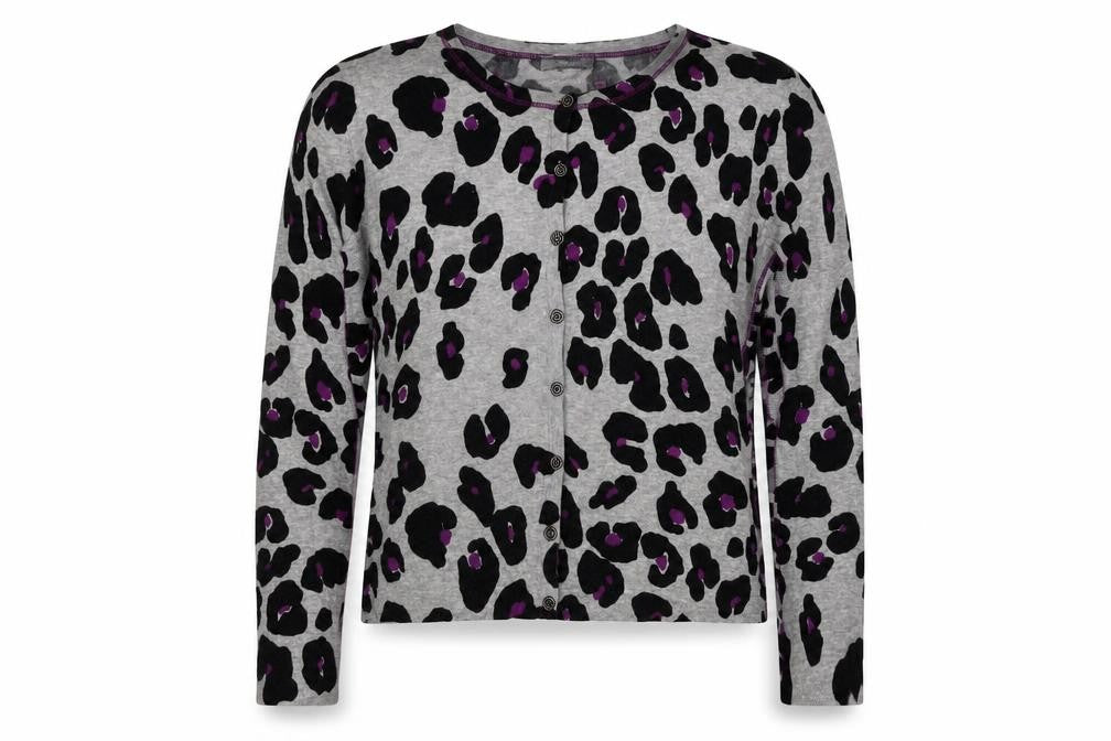 Oui Womens Grey Round Neck Animal Print Cotton Cardigan Jumper Size 16