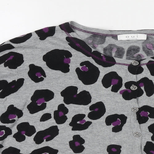Oui Womens Grey Round Neck Animal Print Cotton Cardigan Jumper Size 16