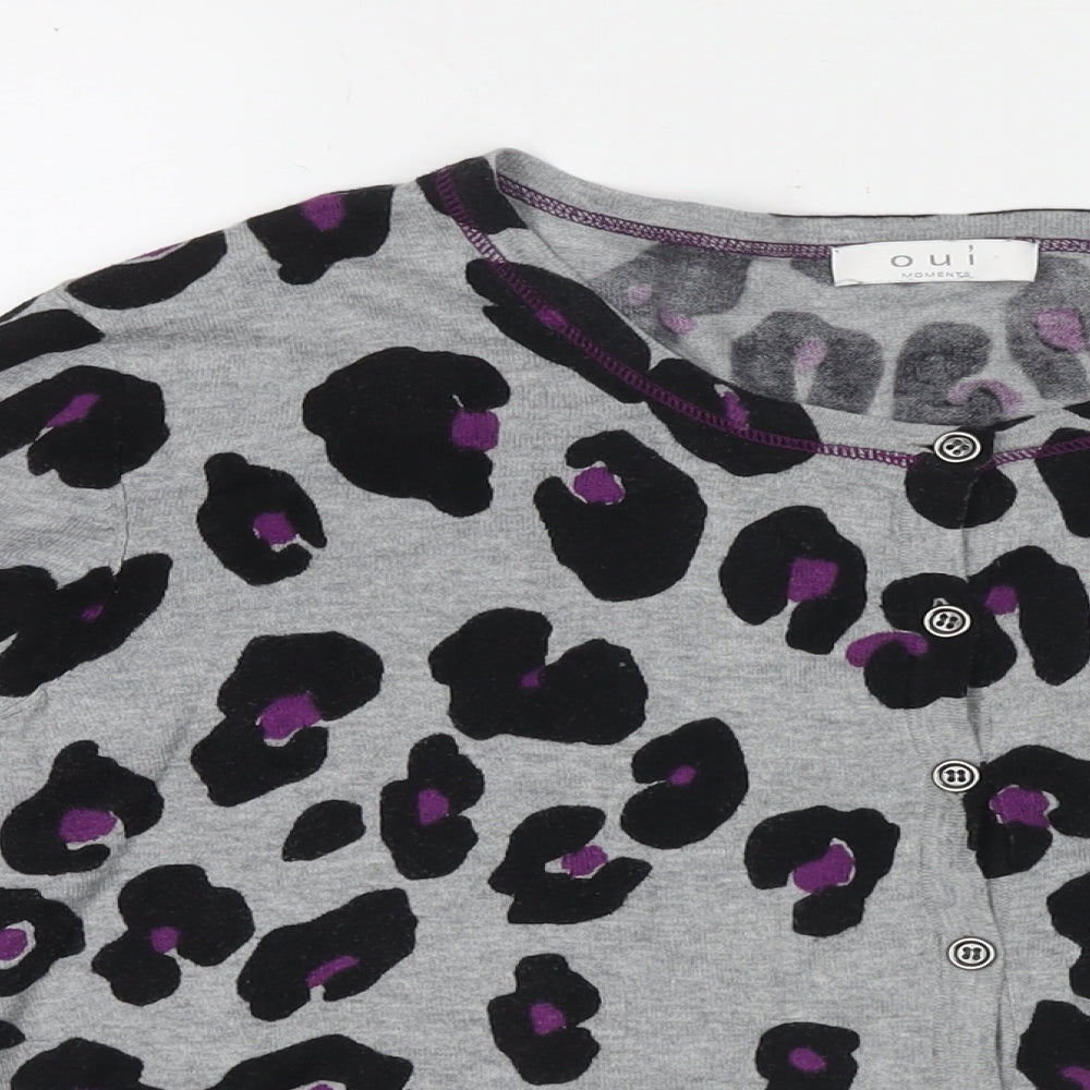 Oui Womens Grey Round Neck Animal Print Cotton Cardigan Jumper Size 16