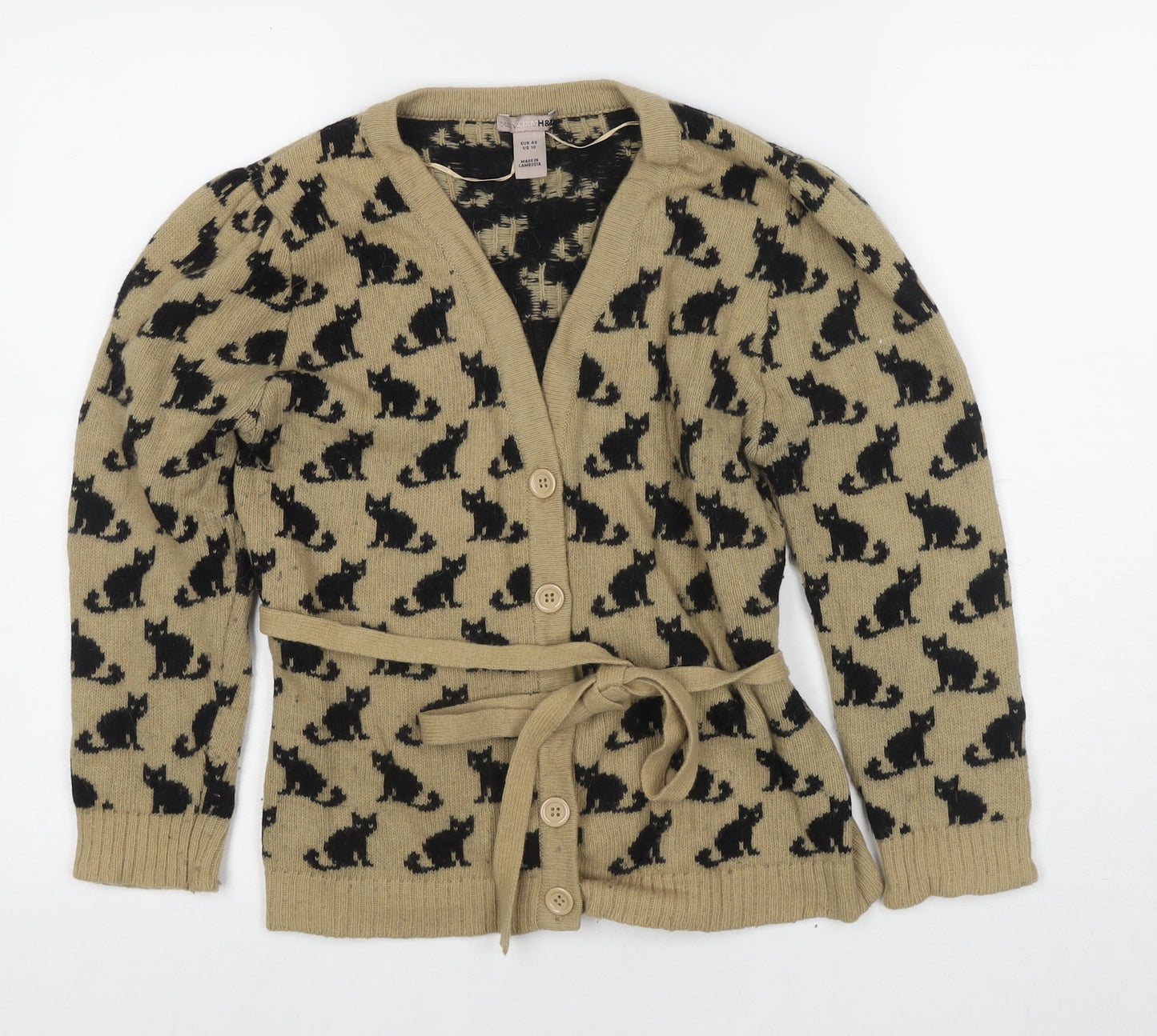 H&M Womens Beige V-Neck Polyamide Cardigan Jumper Size 12 - Cats