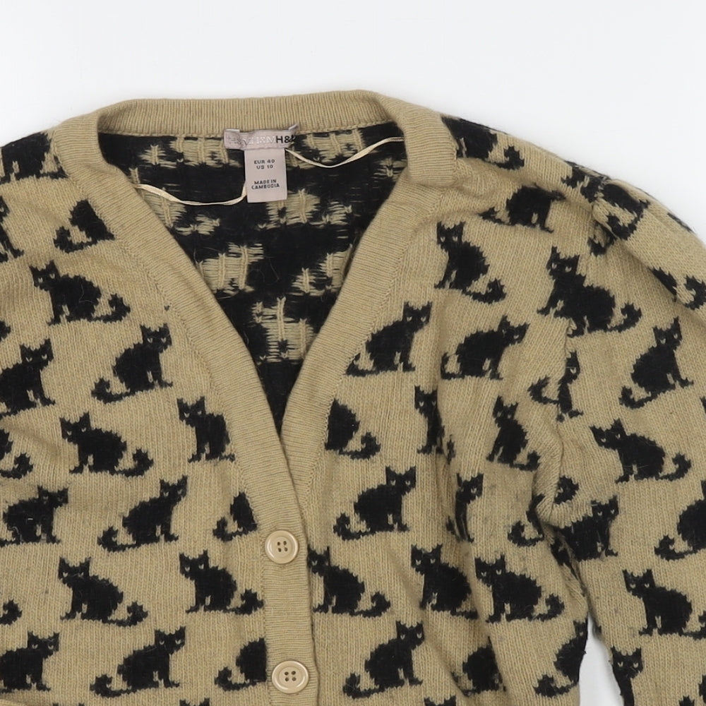 H&M Womens Beige V-Neck Polyamide Cardigan Jumper Size 12 - Cats