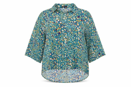 Front view of Emery Rose women’s blue geometric polyester basic button-up, size 2XL, collared