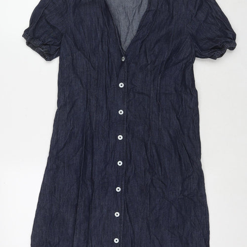 Warehouse Womens Blue Cotton Shirt Dress Size 10 V-Neck Button