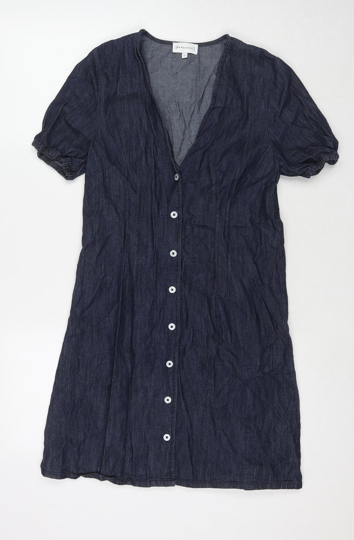 Warehouse Womens Blue Cotton Shirt Dress Size 10 V-Neck Button