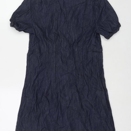 Warehouse Womens Blue Cotton Shirt Dress Size 10 V-Neck Button