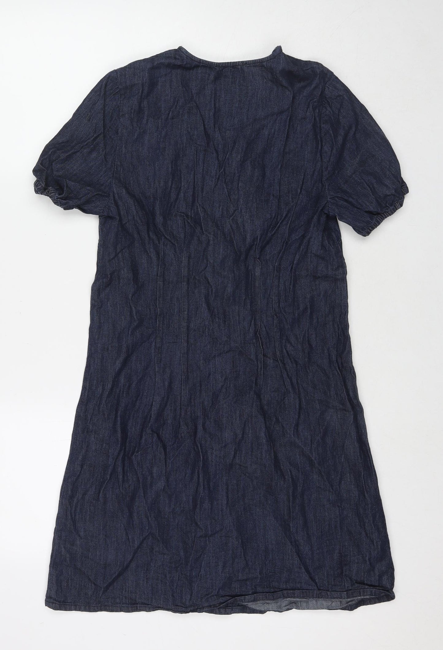 Warehouse Womens Blue Cotton Shirt Dress Size 10 V-Neck Button