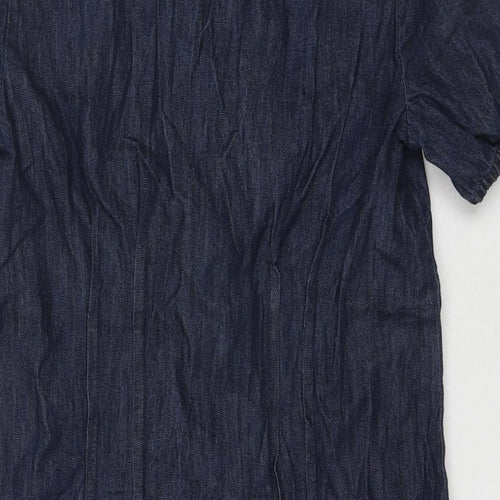 Warehouse Womens Blue Cotton Shirt Dress Size 10 V-Neck Button