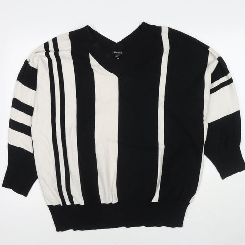 Maglia Womens Black V-Neck Striped Viscose Pullover Jumper Size XL