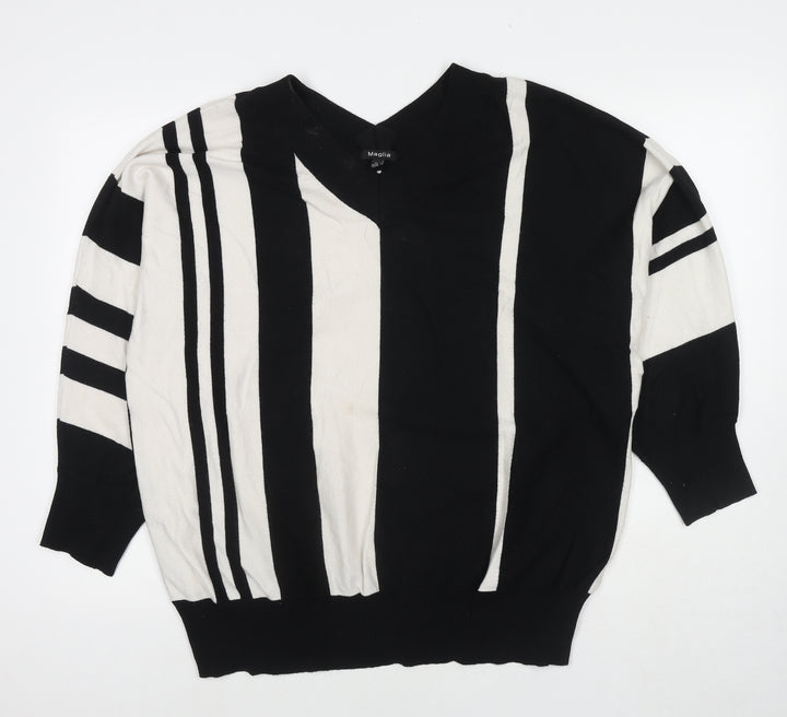 Maglia Womens Black V-Neck Striped Viscose Pullover Jumper Size XL
