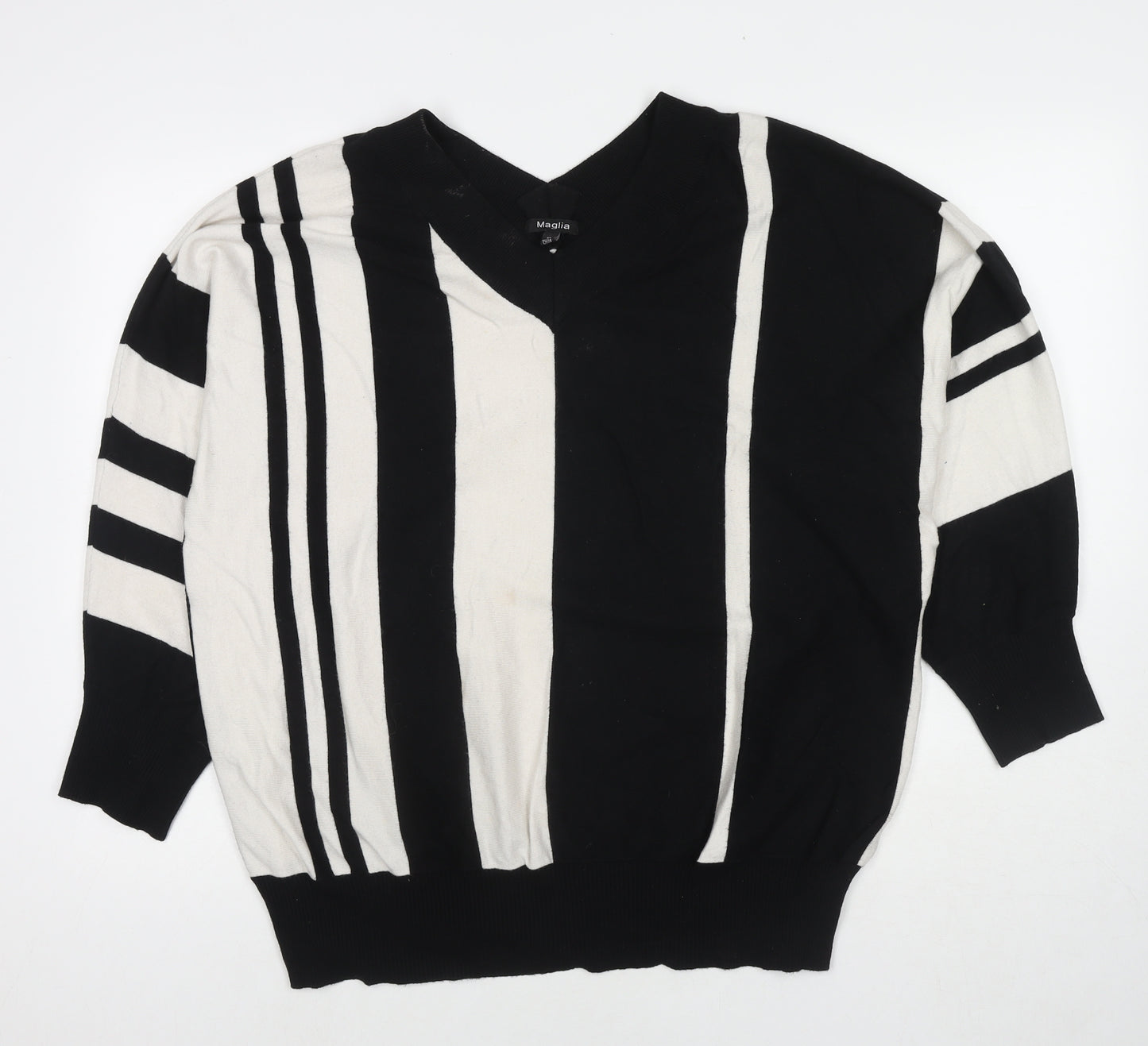 Maglia Womens Black V-Neck Striped Viscose Pullover Jumper Size XL