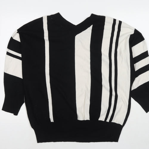 Maglia Womens Black V-Neck Striped Viscose Pullover Jumper Size XL