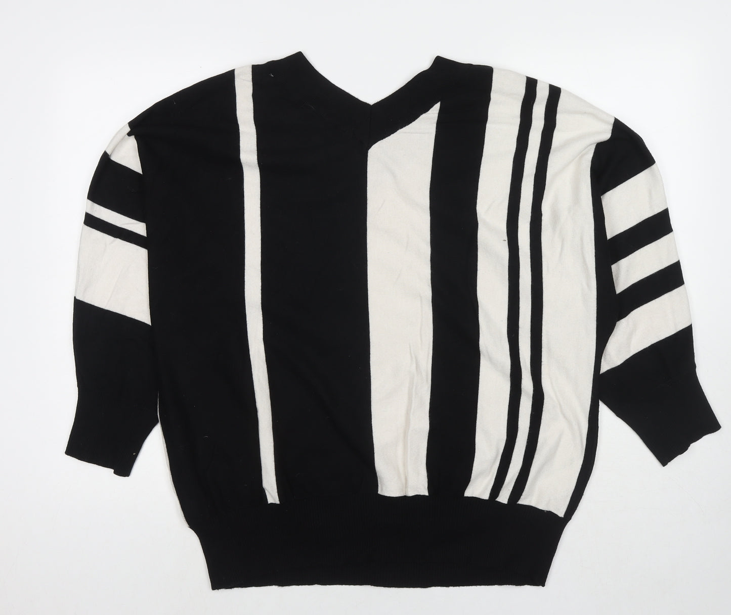 Maglia Womens Black V-Neck Striped Viscose Pullover Jumper Size XL