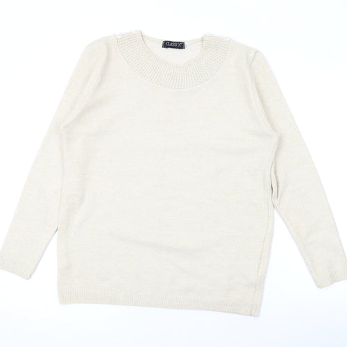 Classic Womens Beige Round Neck Acrylic Pullover Jumper Size M