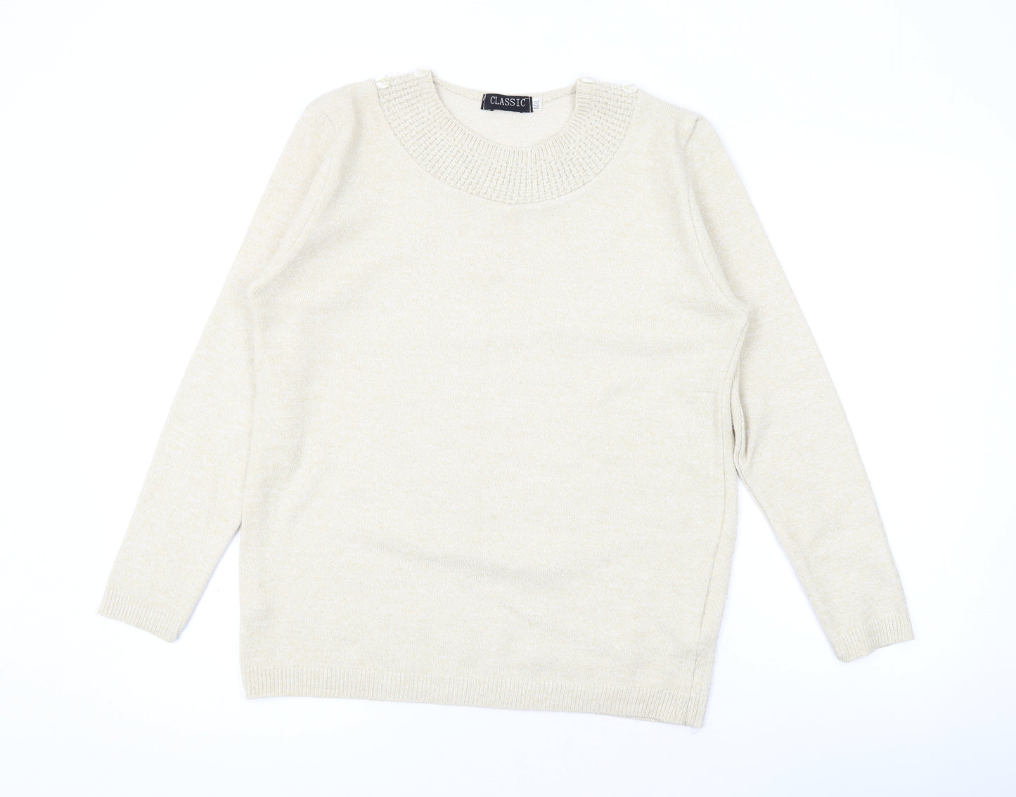 Classic Womens Beige Round Neck Acrylic Pullover Jumper Size M