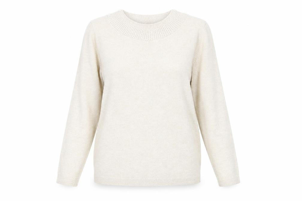 Front view of Classics women’s beige round neck acrylic jumper, size M