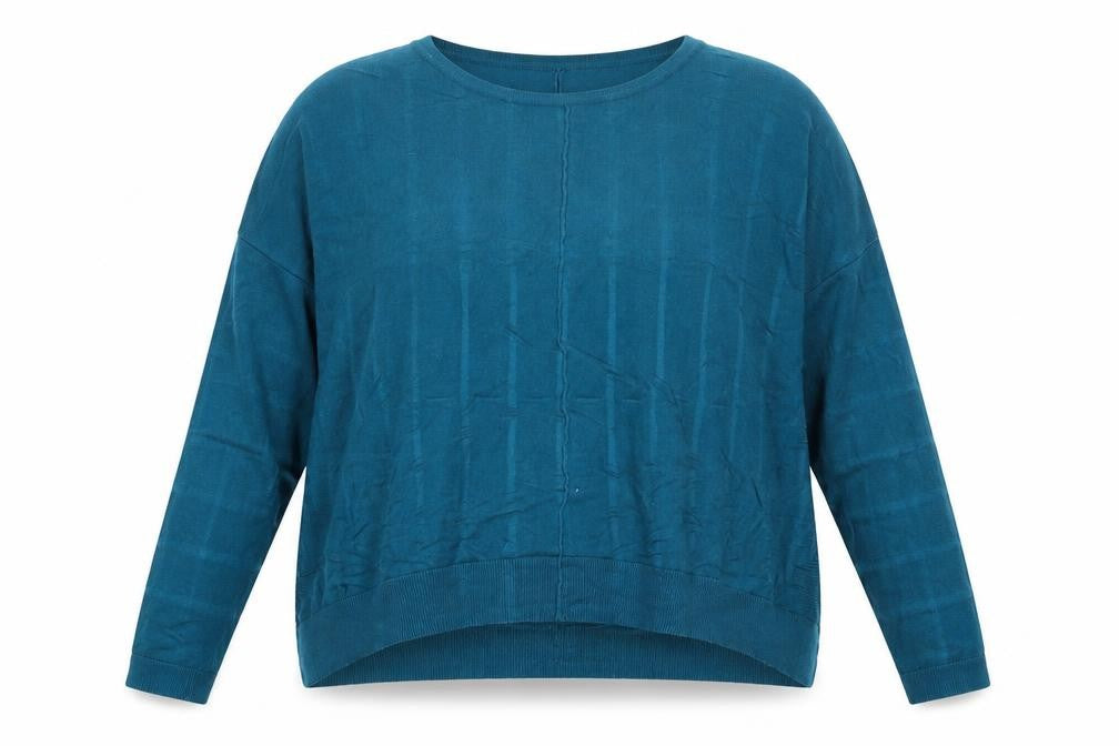 Front view of Louche women’s blue round neck viscose jumper, size UK 16