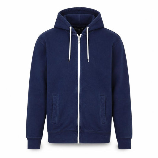 Front view of Neo Label men’s blue cotton full zip hoodie, size S