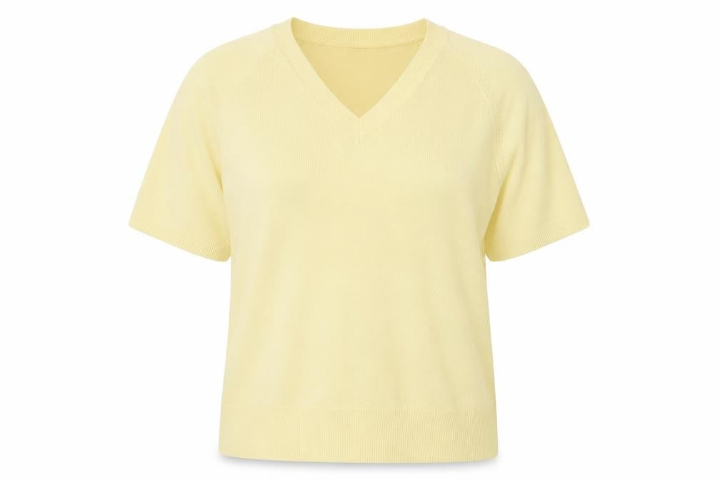 Front view of BHS women’s yellow v-neck acrylic jumper, size UK 14