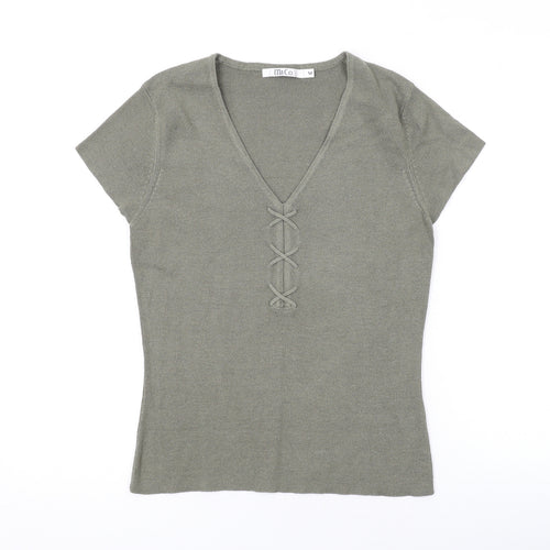 M&Co Womens Green Acrylic Basic T-Shirt Size M V-Neck