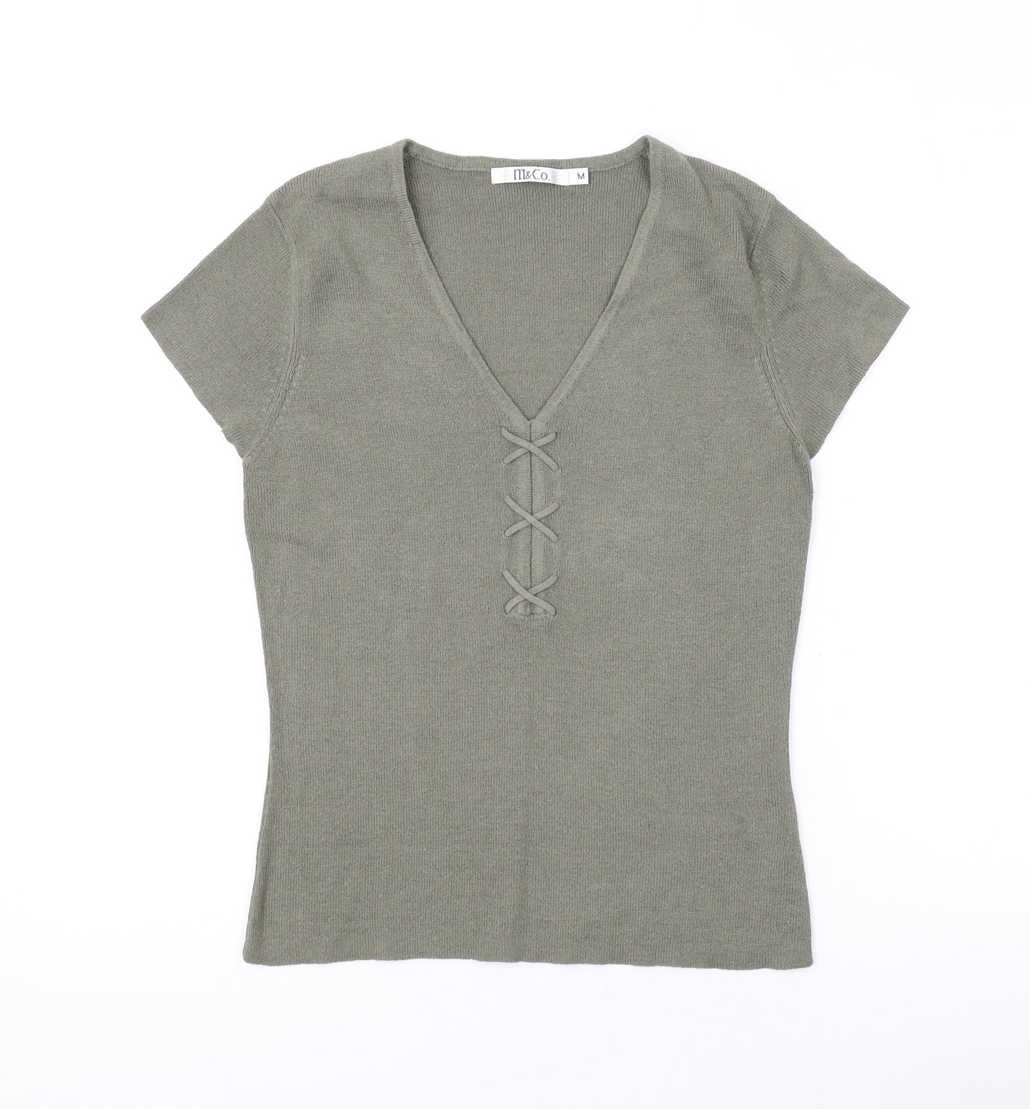 M&Co Womens Green Acrylic Basic T-Shirt Size M V-Neck