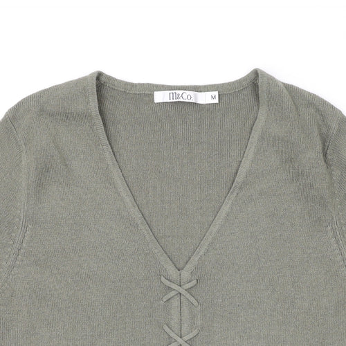 M&Co Womens Green Acrylic Basic T-Shirt Size M V-Neck