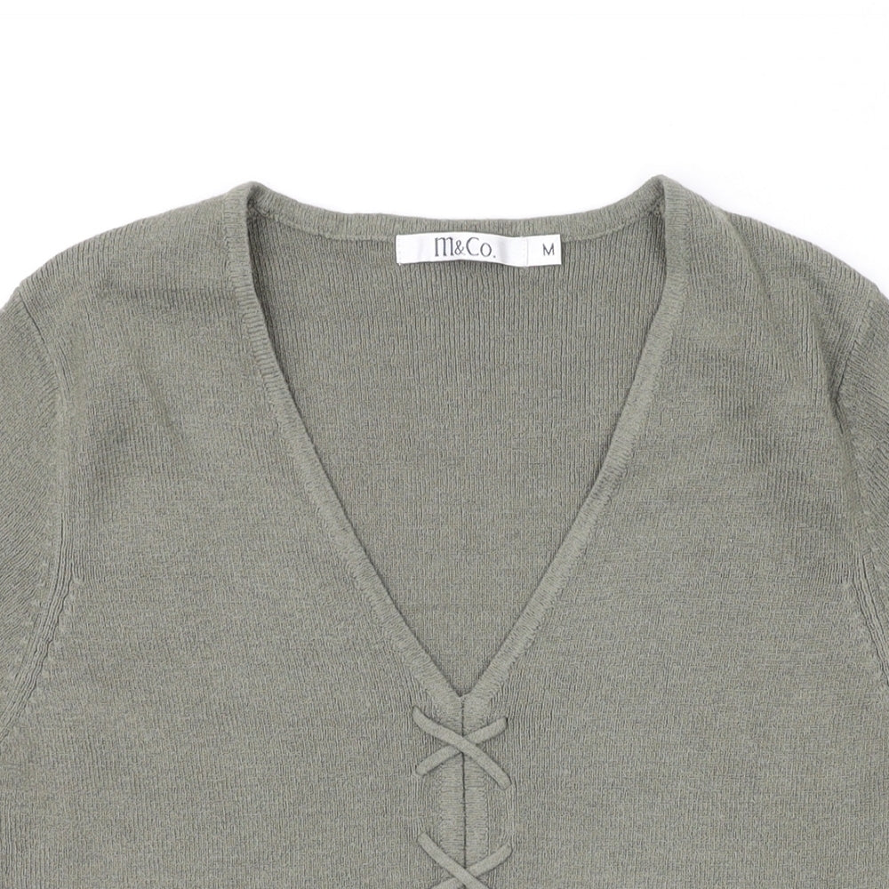 M&Co Womens Green Acrylic Basic T-Shirt Size M V-Neck