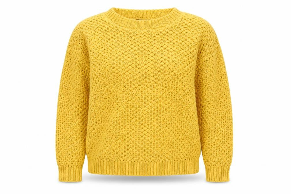 Front view of New Look women’s yellow round neck acrylic jumper, size UK 8