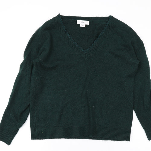 &et Womens Green V-Neck Acrylic Pullover Jumper Size 10