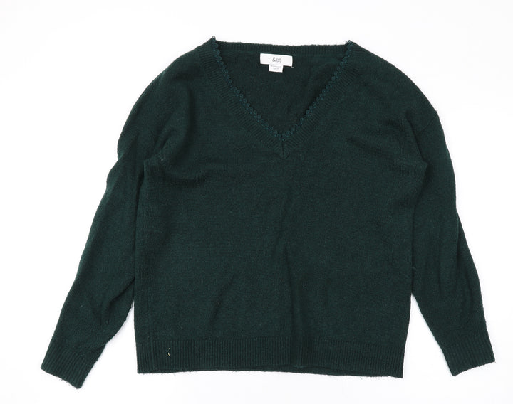 &et Womens Green V-Neck Acrylic Pullover Jumper Size 10