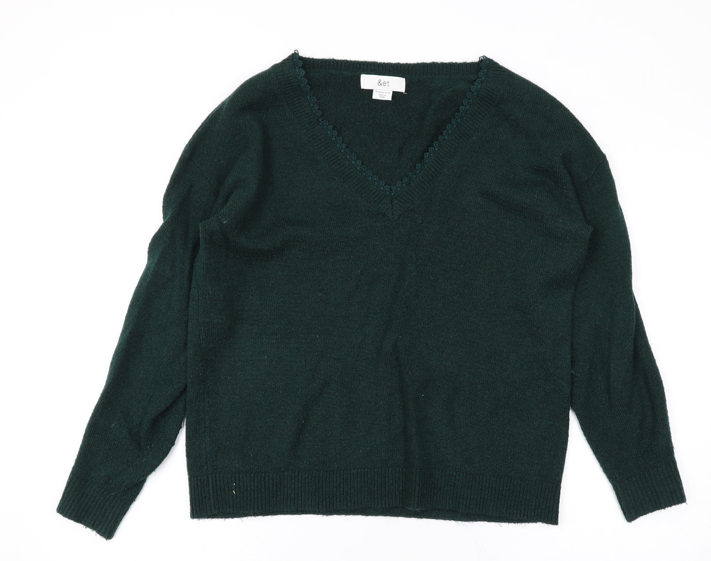 &et Womens Green V-Neck Acrylic Pullover Jumper Size 10