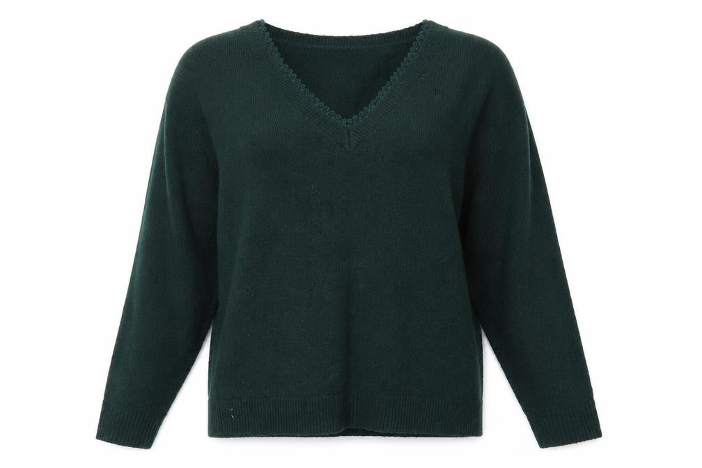 Front view of &et women’s green v-neck acrylic jumper, size UK 10