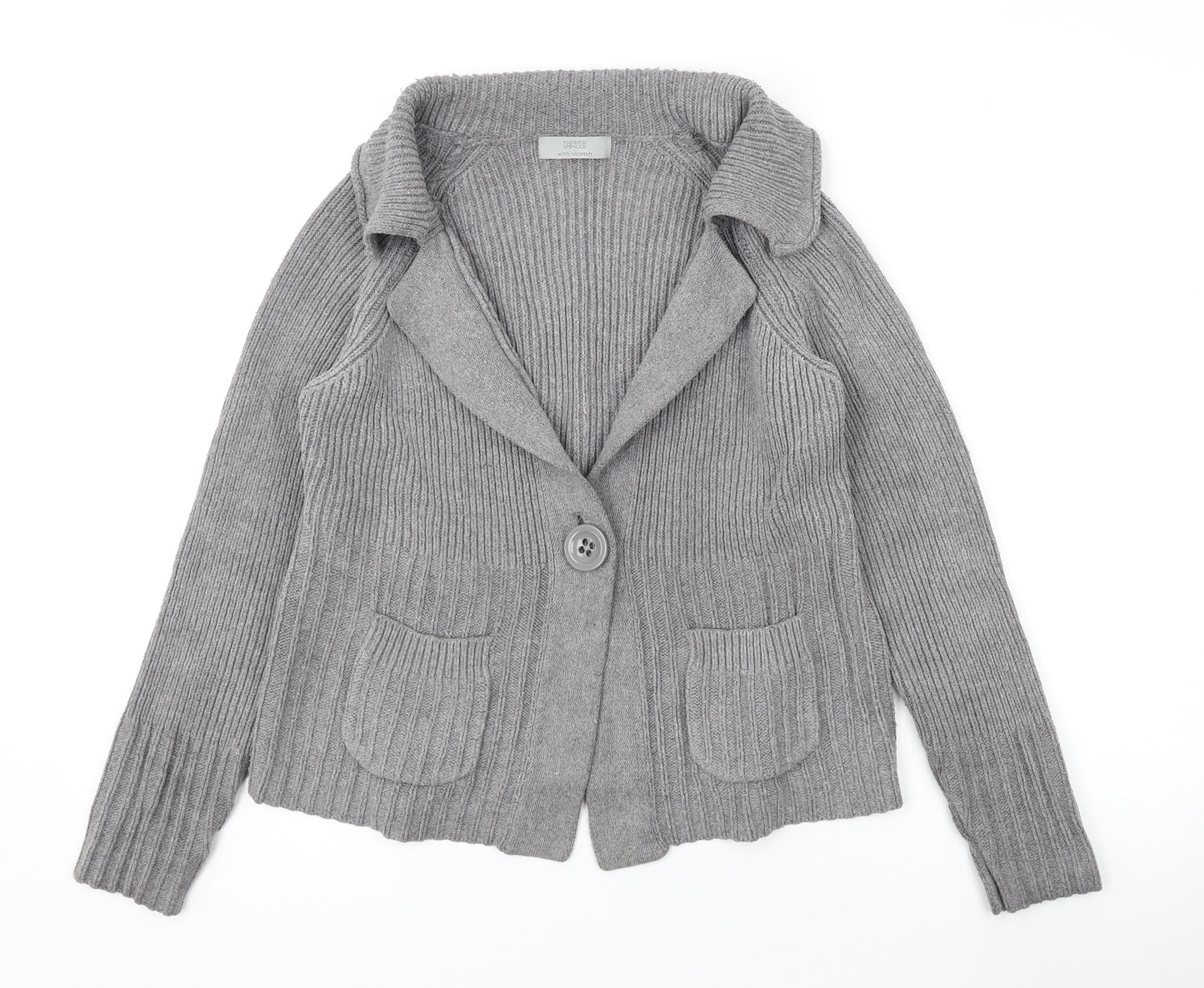 Marks and Spencer Womens Grey Collared Cotton Cardigan Jumper Size 12