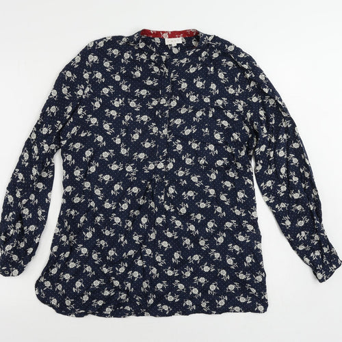 EAST Womens Blue Floral Viscose Basic Button-Up Size 10 Round Neck