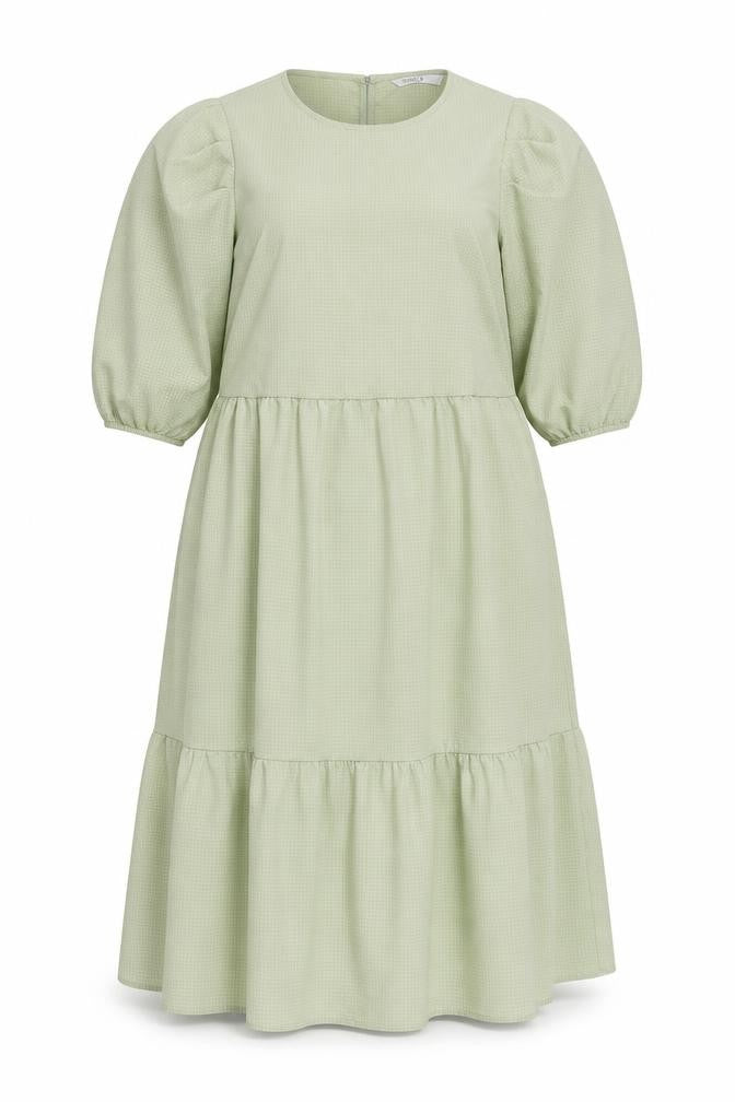 Front view of Only women’s green polyester a-line, size L, round neck button - tiered