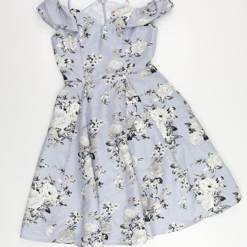 CHI CHI LONDON Womens Blue Floral Polyester Fit & Flare Size 8 V-Neck Zip