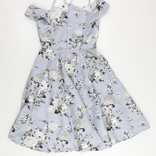 CHI CHI LONDON Womens Blue Floral Polyester Fit & Flare Size 8 V-Neck Zip