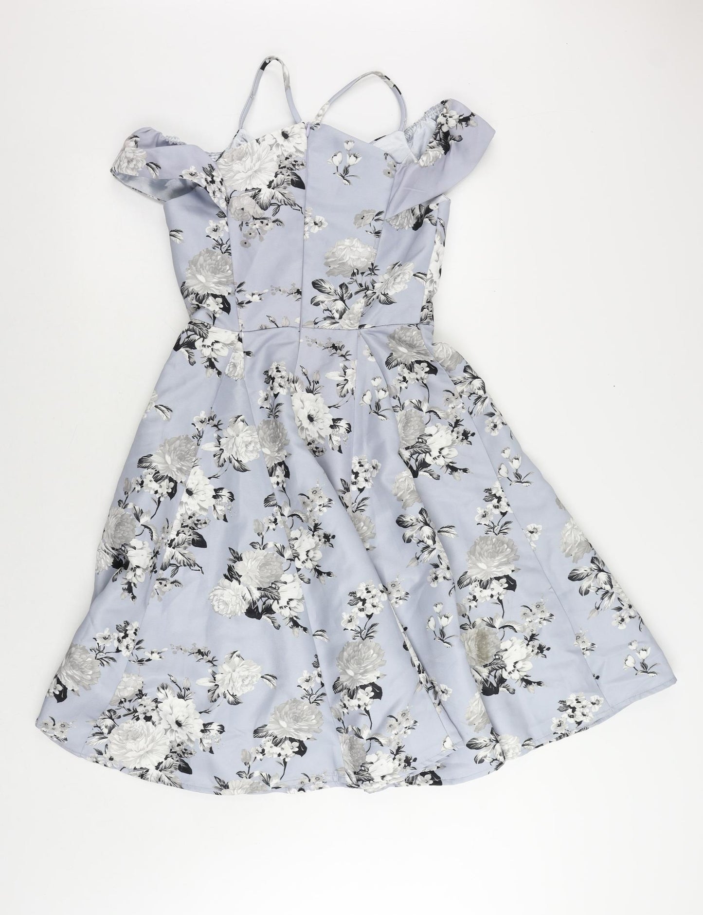 CHI CHI LONDON Womens Blue Floral Polyester Fit & Flare Size 8 V-Neck Zip