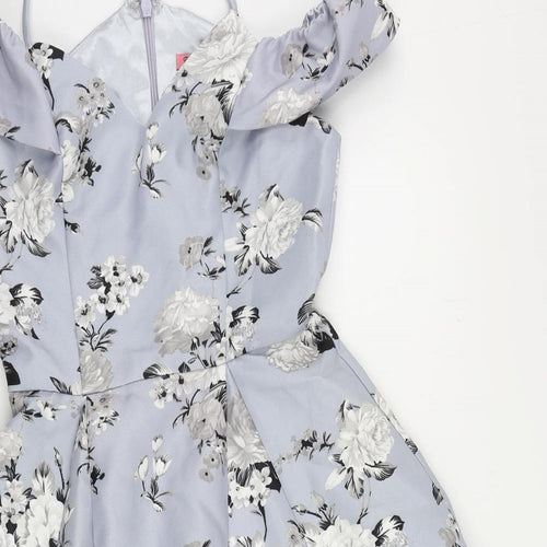 CHI CHI LONDON Womens Blue Floral Polyester Fit & Flare Size 8 V-Neck Zip