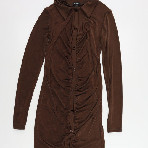 Boohoo Womens Brown Polyester Bodycon Size 10 Collared Button - Ruched